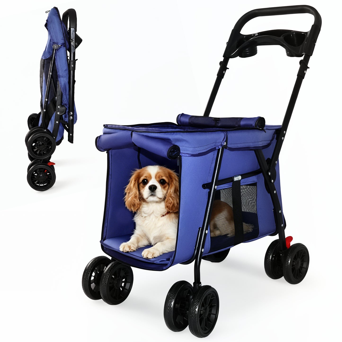 Foldable Pet Stroller with Breathable Mesh & Shockproof Wheels - Navy Blue