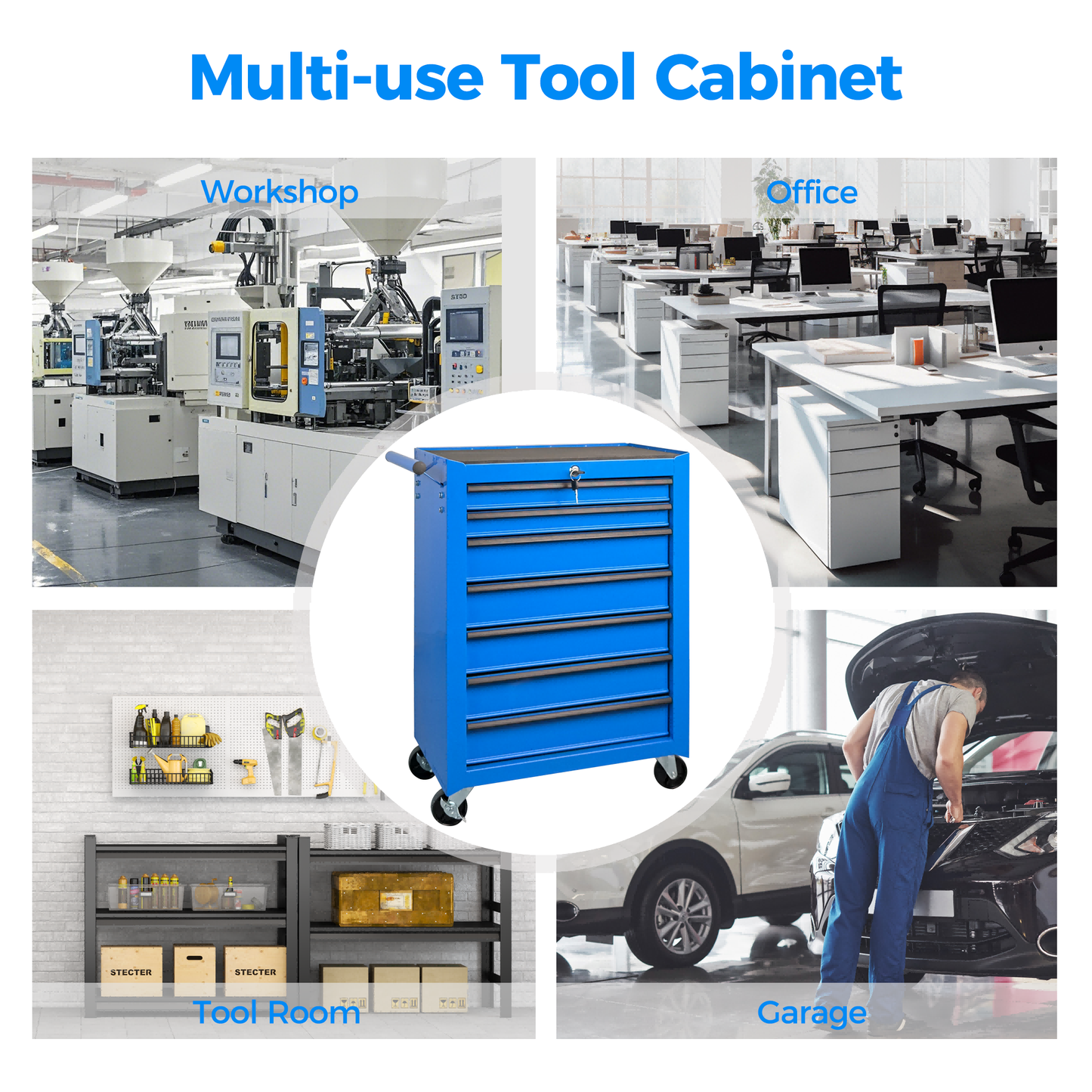 7-Drawer Metal Rolling Tool Storage Cabinet with Lockable Wheels - Garage Organizer, Blue