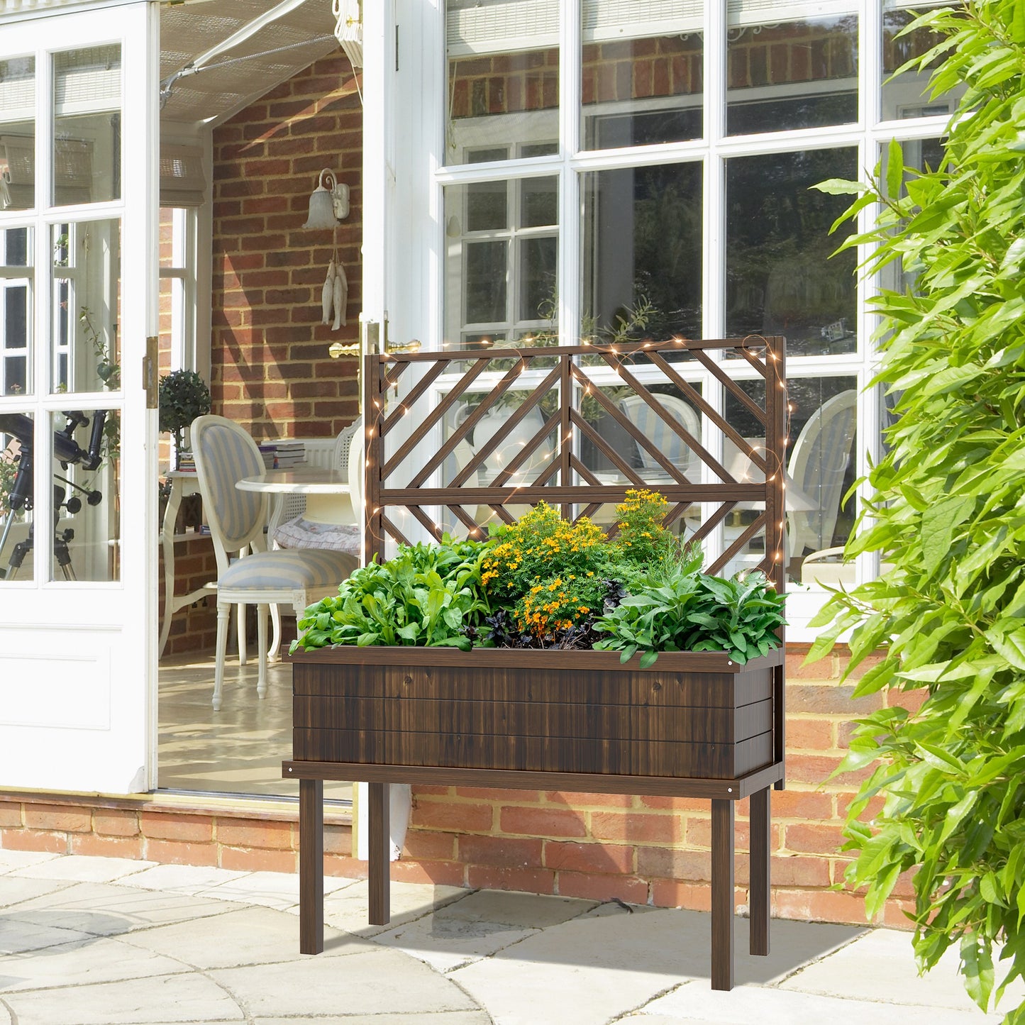 Wood Planter with Trellis for Climbing Plants - Raised Garden Bed, Carbonized, 1140x420x230mm