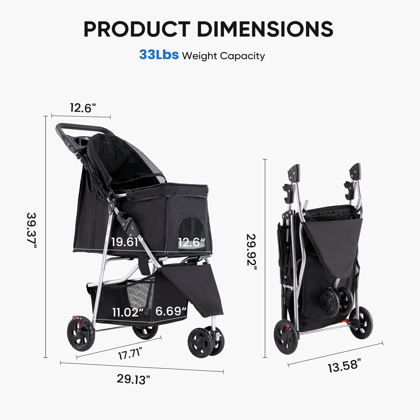 Pet Stroller for Cats and Dogs with Storage and Safety Features - Black