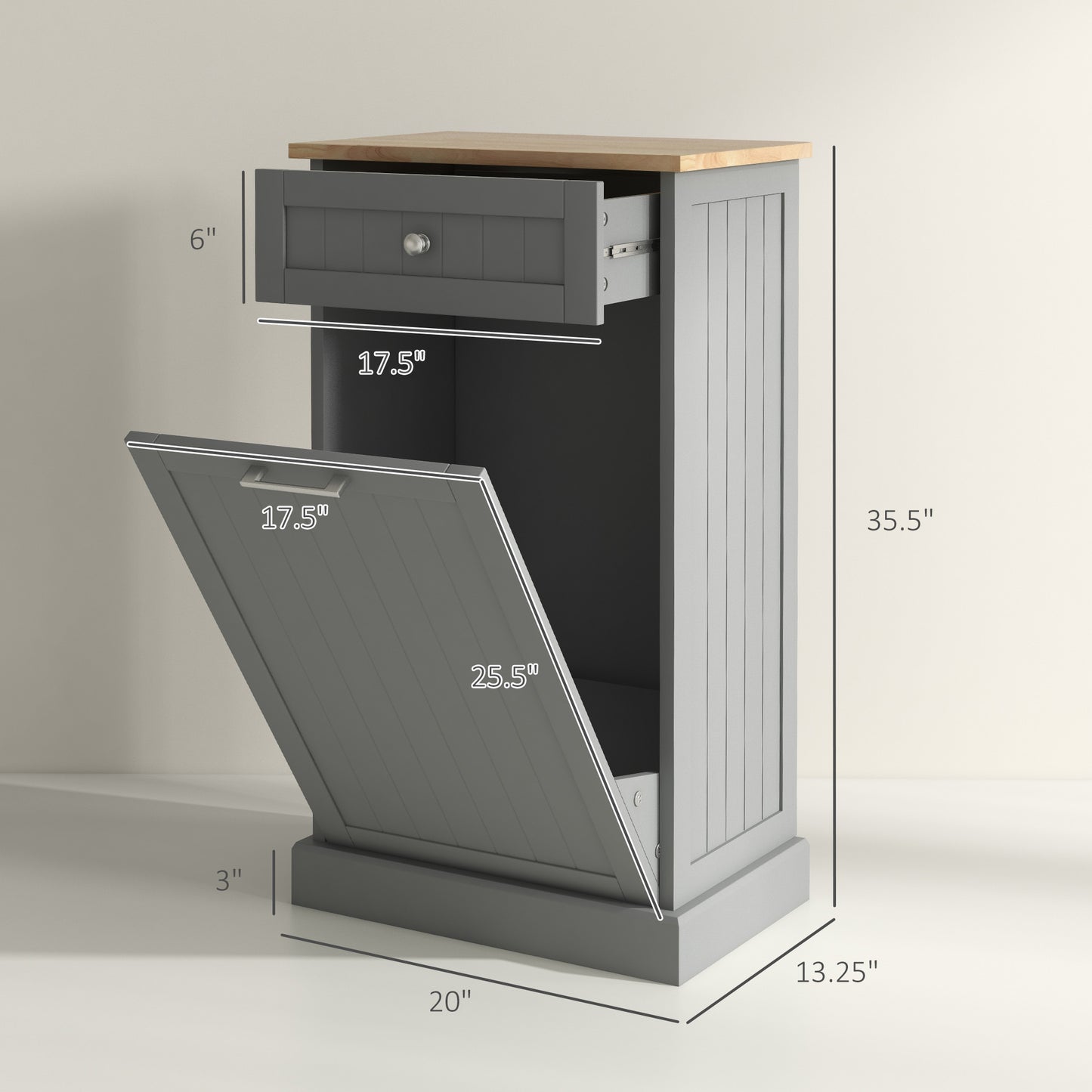 Tilt-Out Trash Bin Cabinet with Drawer - Gray Kitchen Organizer