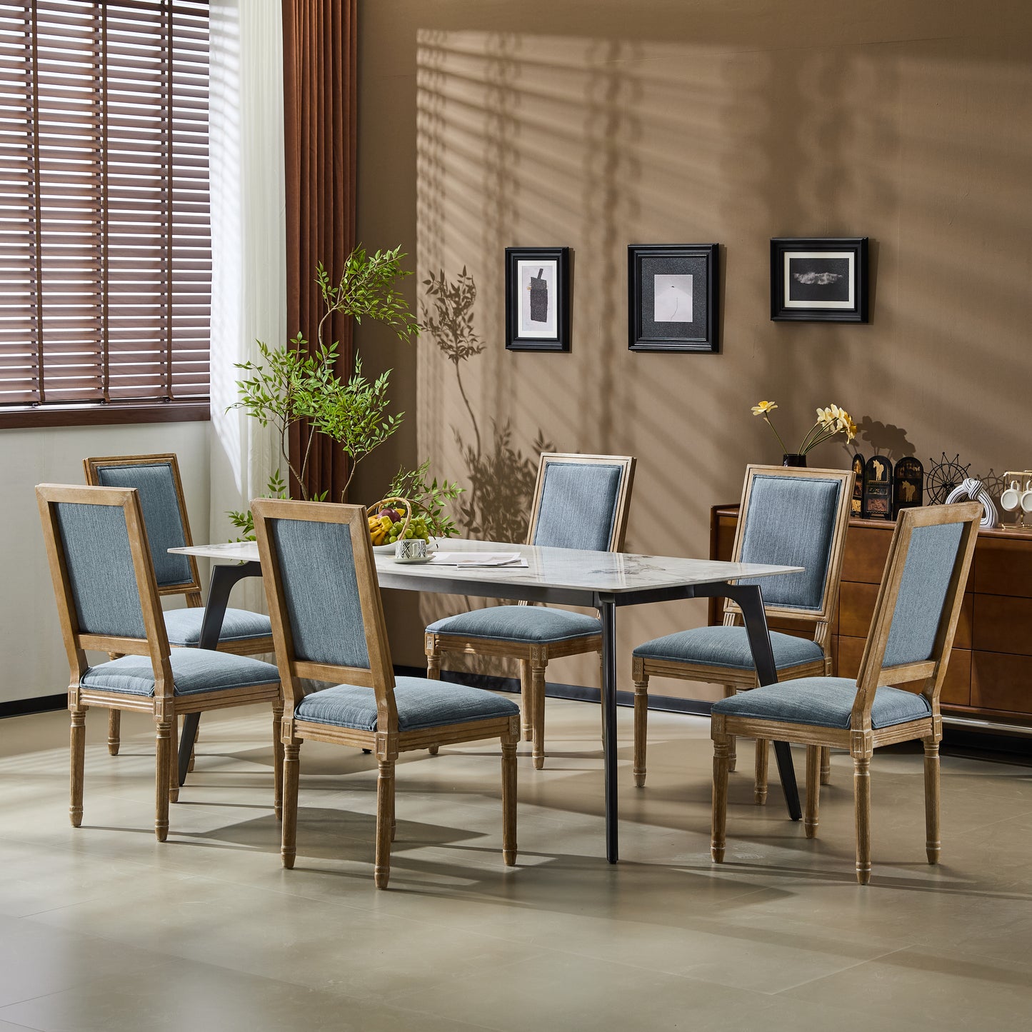Set of 6 French Country Dining Chairs - Slate Blue Upholstered Seat
