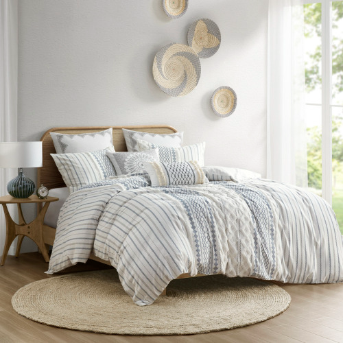 Queen Cotton Printed Duvet Cover Set with Chenille - Multicolor