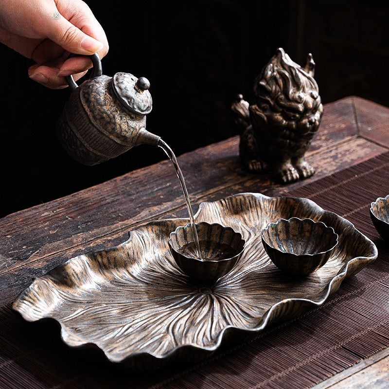 Gilt-Glazed Lotus Leaf Tea Tray - Modern Minimalist Ceramic Home Use
