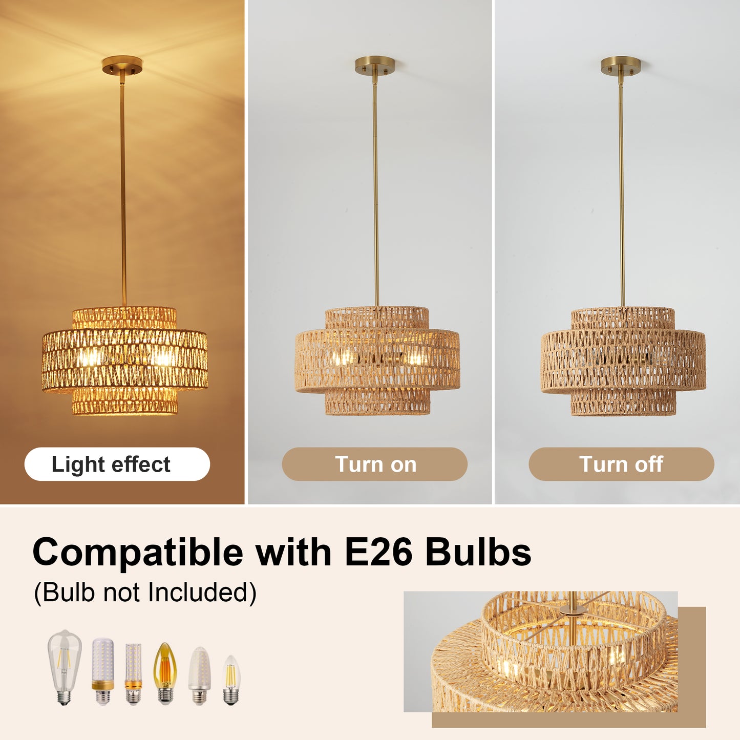 Boho Rattan Pendant Light Fixture - 17.7 Inch Farmhouse Chandelier, 4-Light