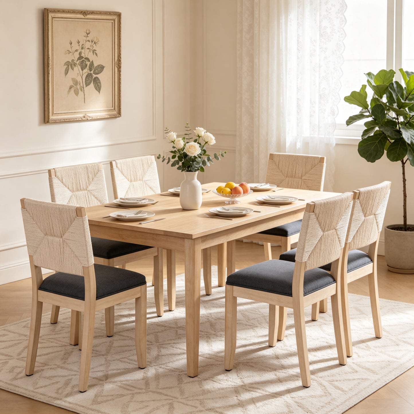 Beige Farmhouse Dining Chairs Set of 2 - Grey Upholstered