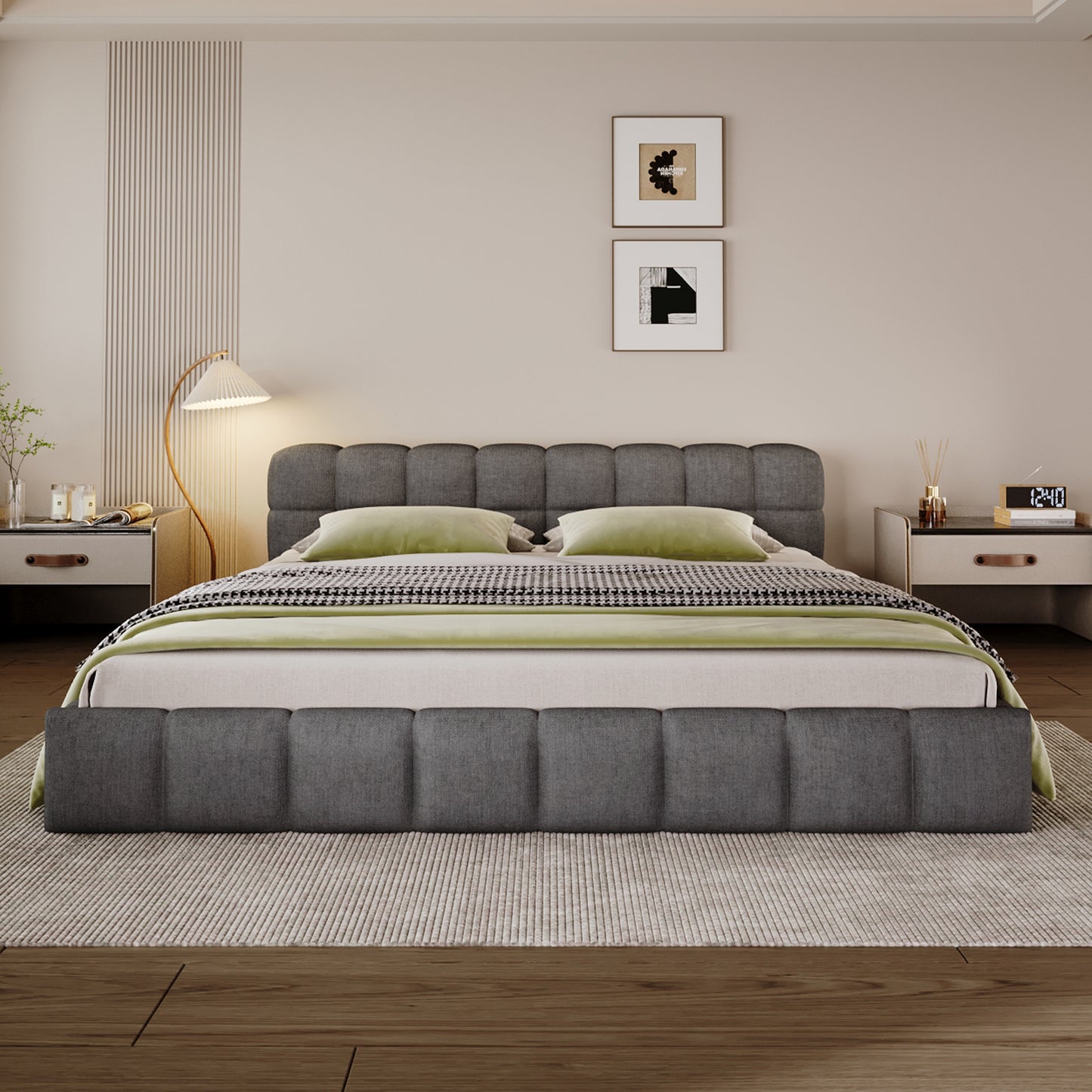 Queen Grey Chenille Upholstered Bed with Checkerboard Design