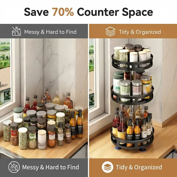 3-Tier Rotating Spice Rack Organizer – Carbon Steel 360° Metal