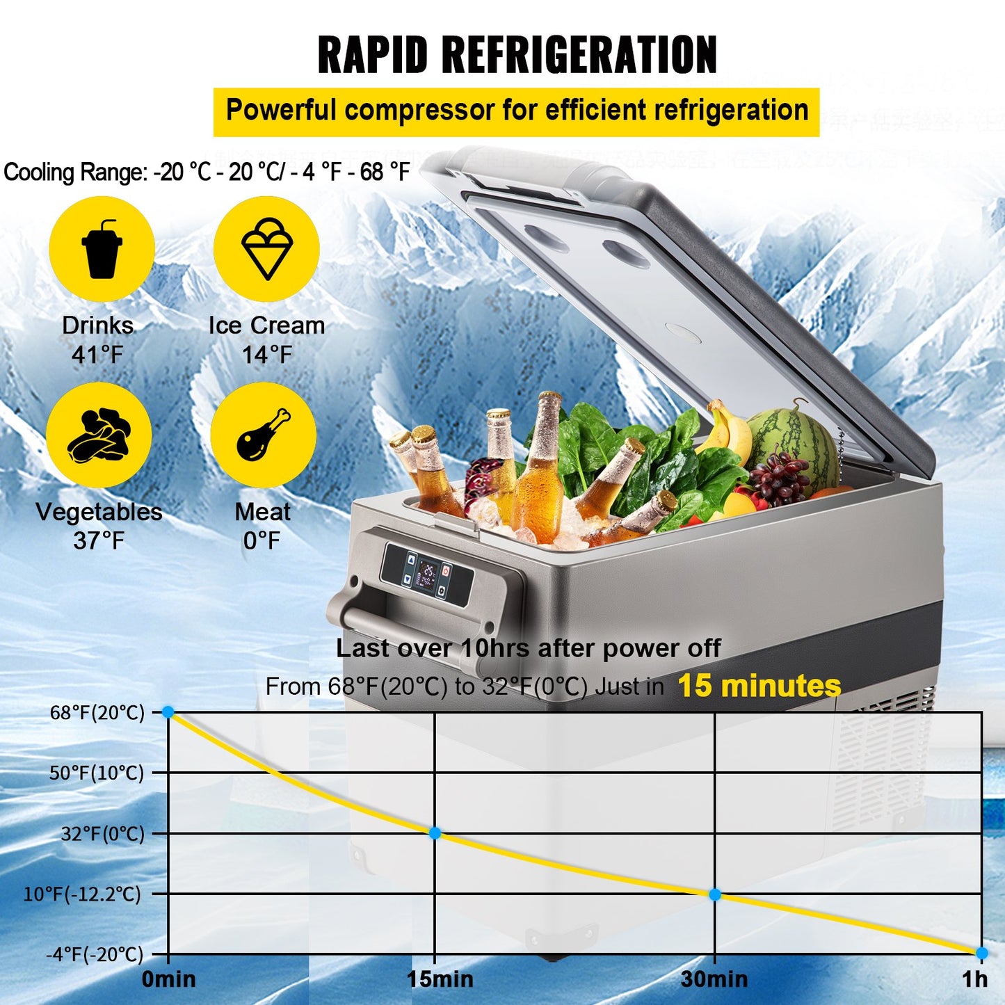 Portable 45L Car Refrigerator Cooler with App Control - 12/24V DC & 110-240V AC, Fast Cooling, Black
