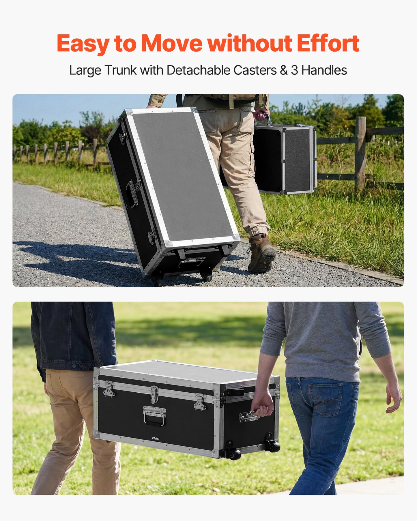 Metal Storage Trunk Set of 2 with Casters & Locking Lids - Large & Small Wooden Suitcases for Travel, Dorm, Home Black