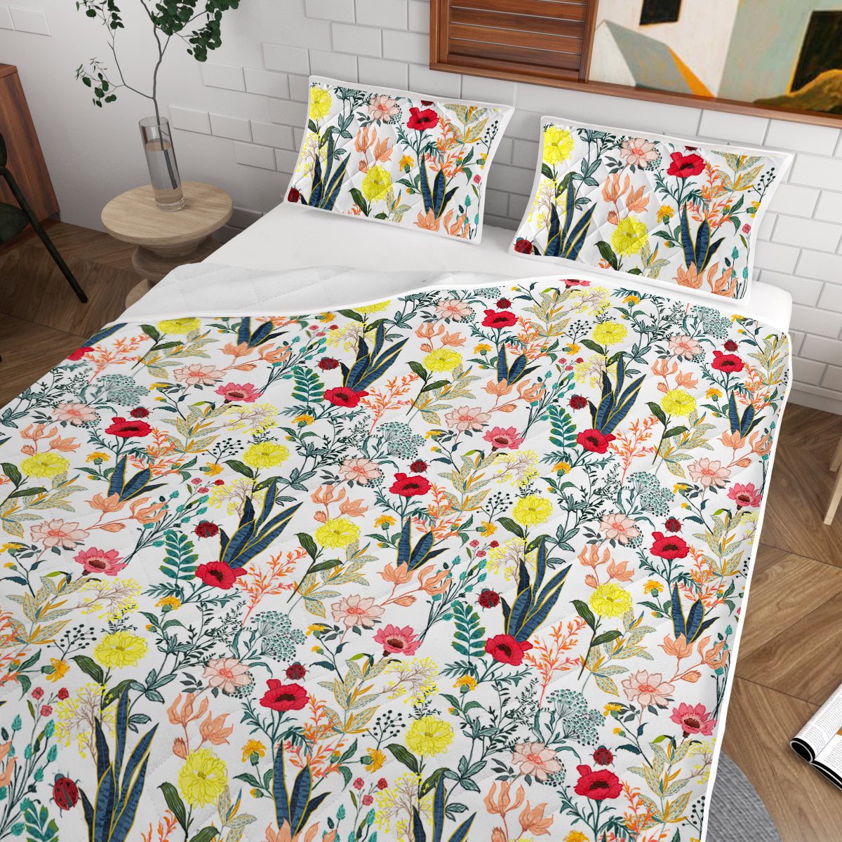 Floral Microfiber Quilt Set - Lightweight Bedspread & Pillow Shams