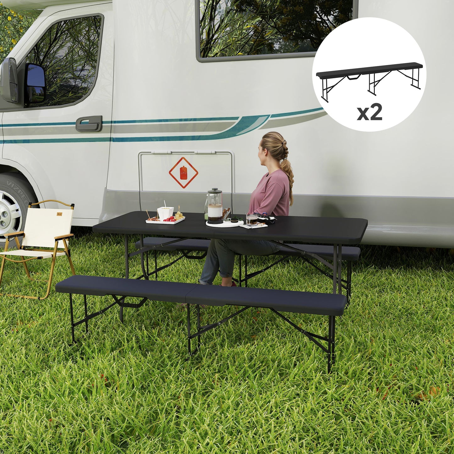 2 Pack 6 Ft Portable Folding Benches with Carry Handle - Black