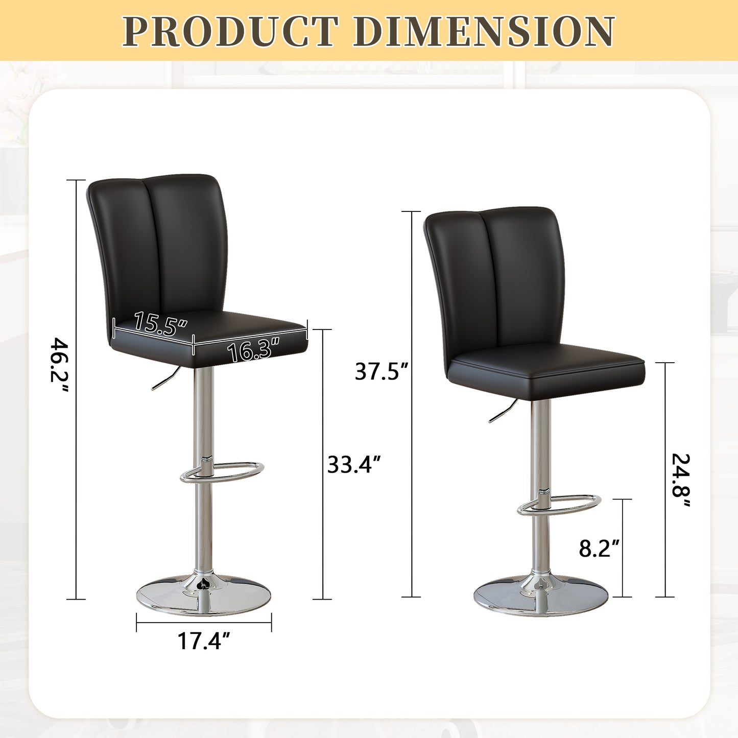 Modern Black PU Bar Stool Set - 2-Piece, Featuring Vertical And