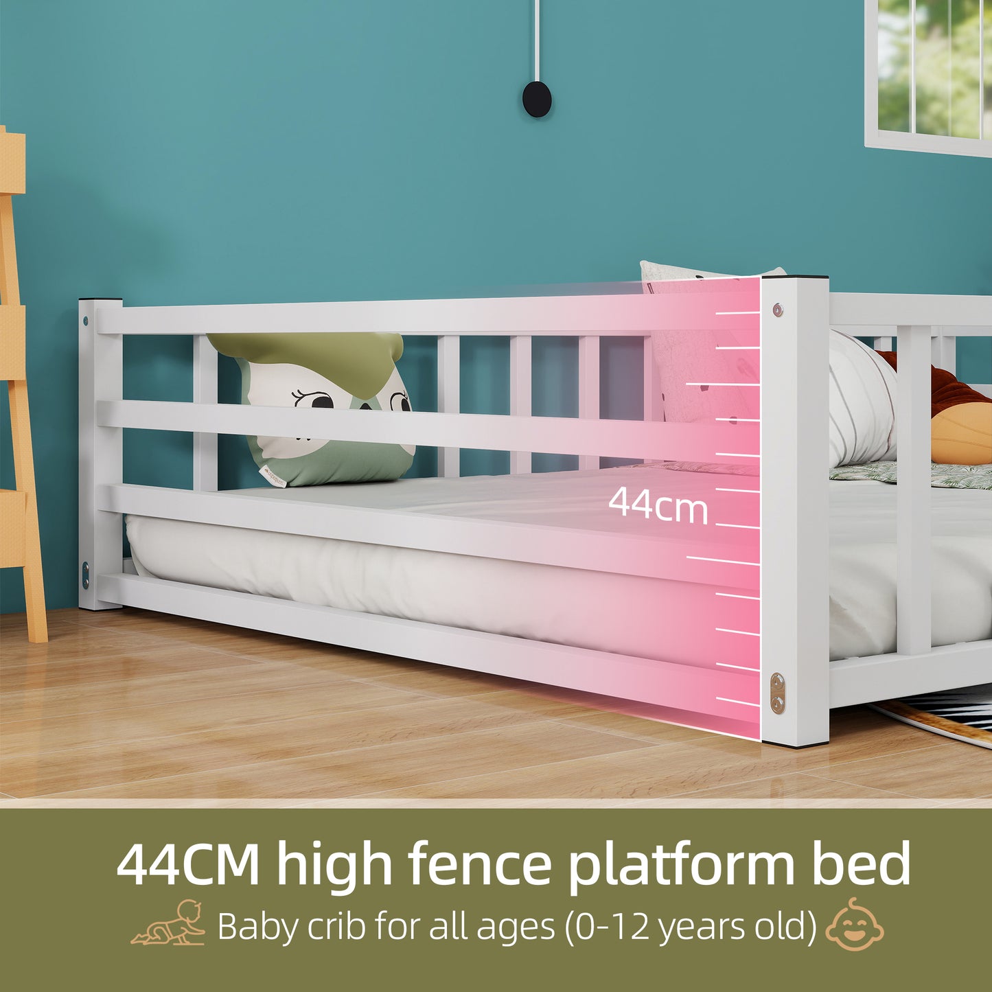Full Size Low Profile Metal Bed Frame with Guardrails - White