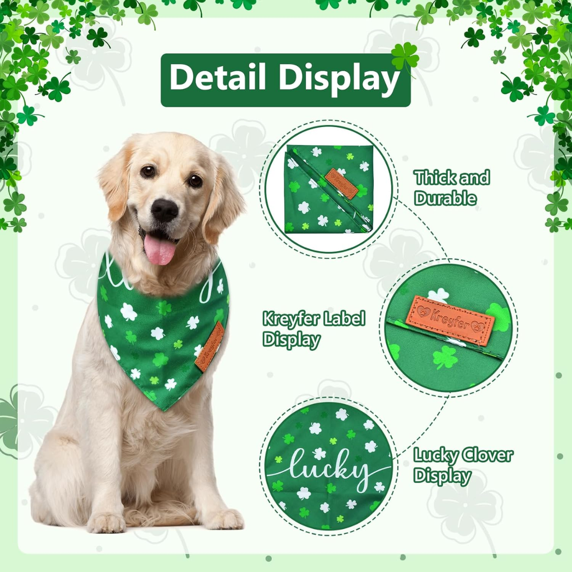 Reversible St. Patrick's Day Dog Bandanas Set - Green Shamrock Design, Double-Sided