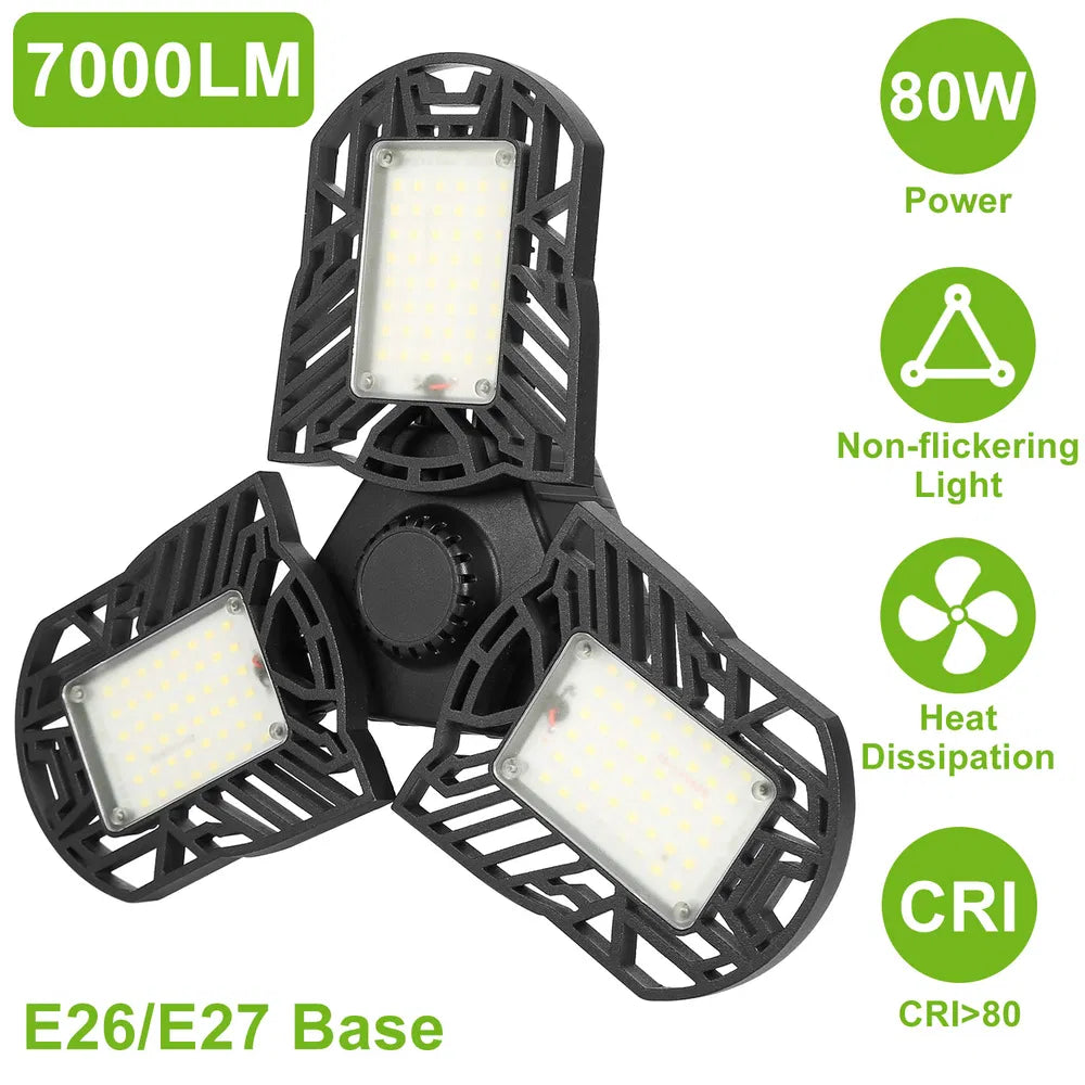 LED Garage Light 80W 7000LM Deformable Ceiling Lamp E26/E27 Workshop Lighting