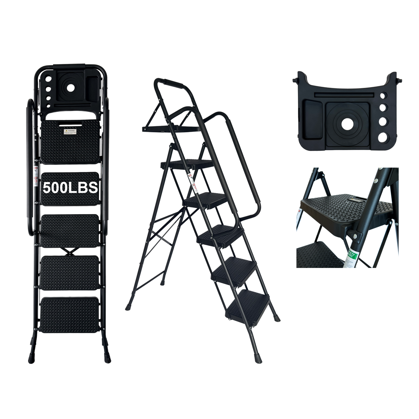 Folding Step Ladder with Wide Anti-Slip Pedal - Black