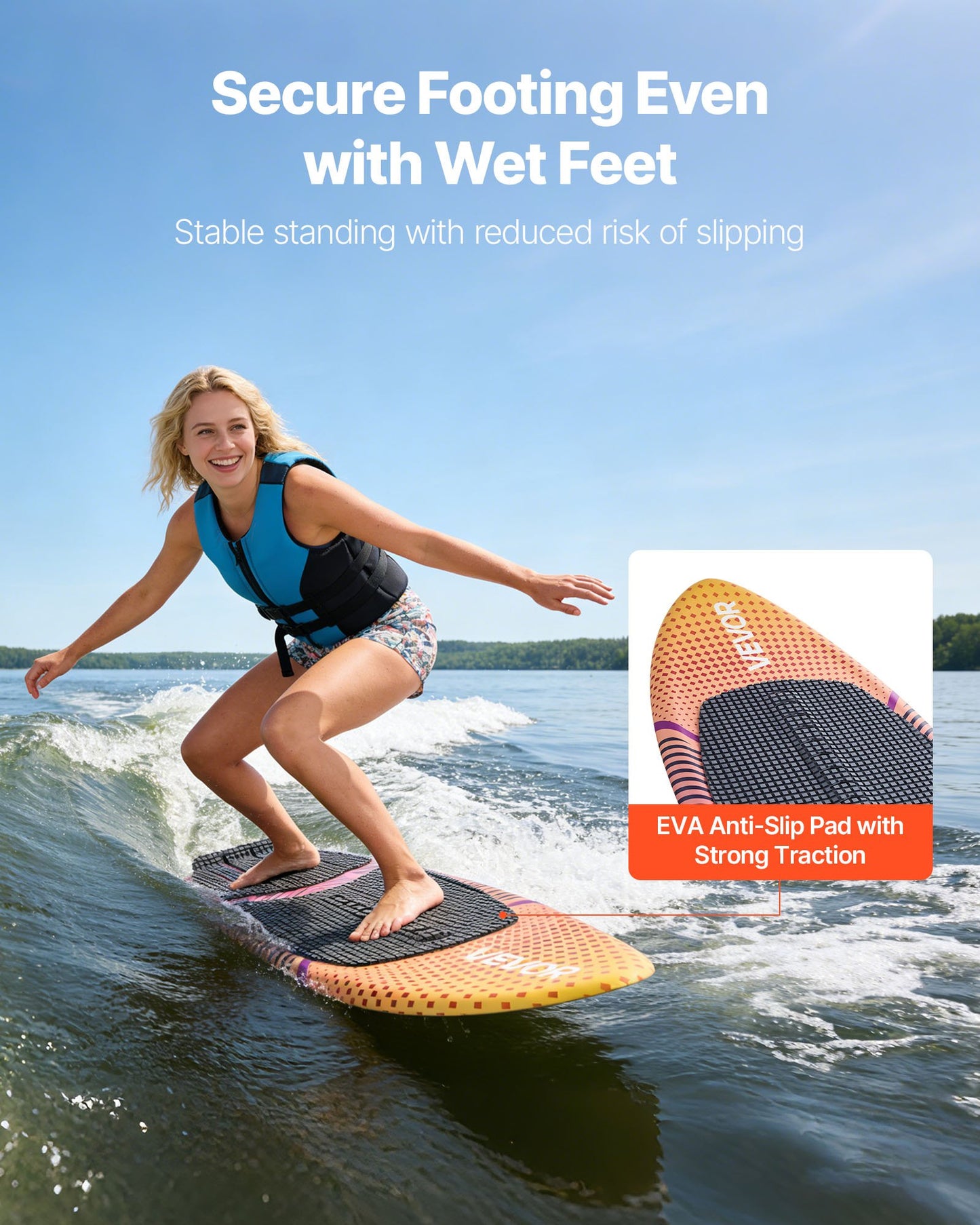 63-Inch Wakesurf Board with EPS Foam Core Non-Slip Pad & Fins - Black