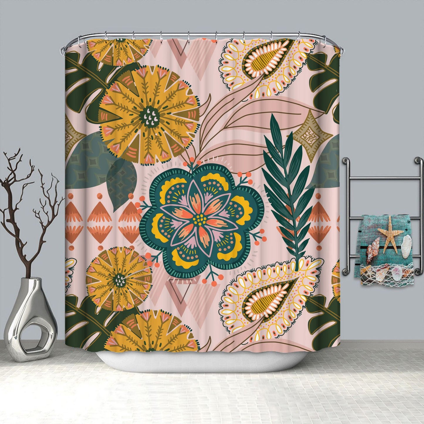 Succulent Flower and Grass Shower Curtain - Digital Printing Bathroom Decor