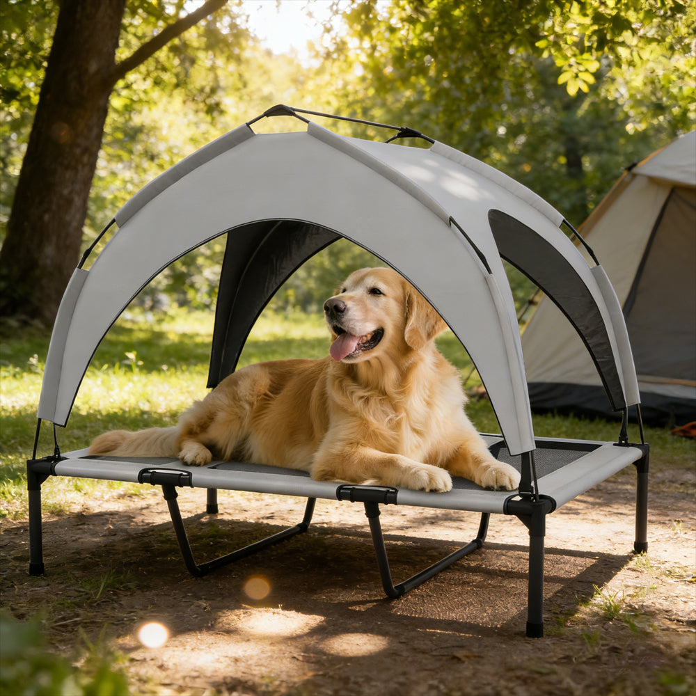 Elevated Outdoor Dog Bed with Canopy - Portable Camping Pet Bed, Breathable Mesh, Light Gray