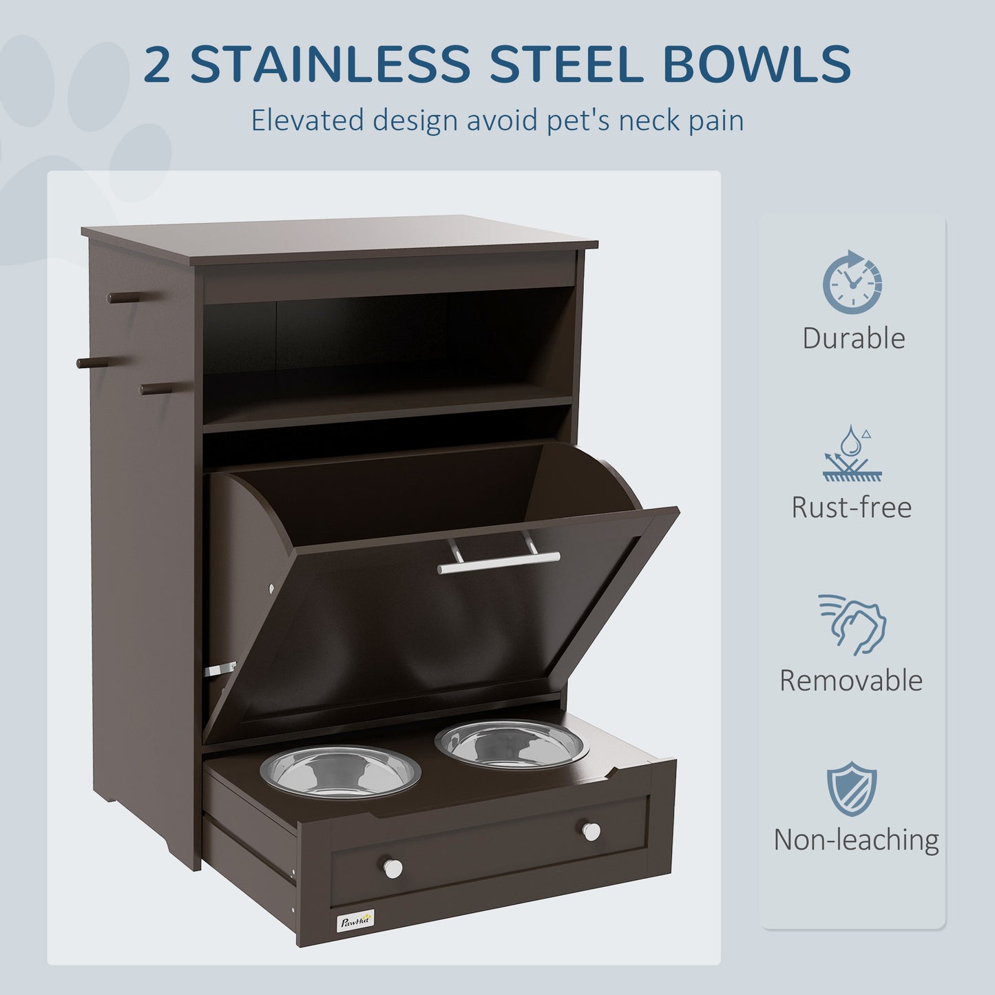 Dog Food Storage Cabinet with Raised Bowls and Storage Shelf - Gray
