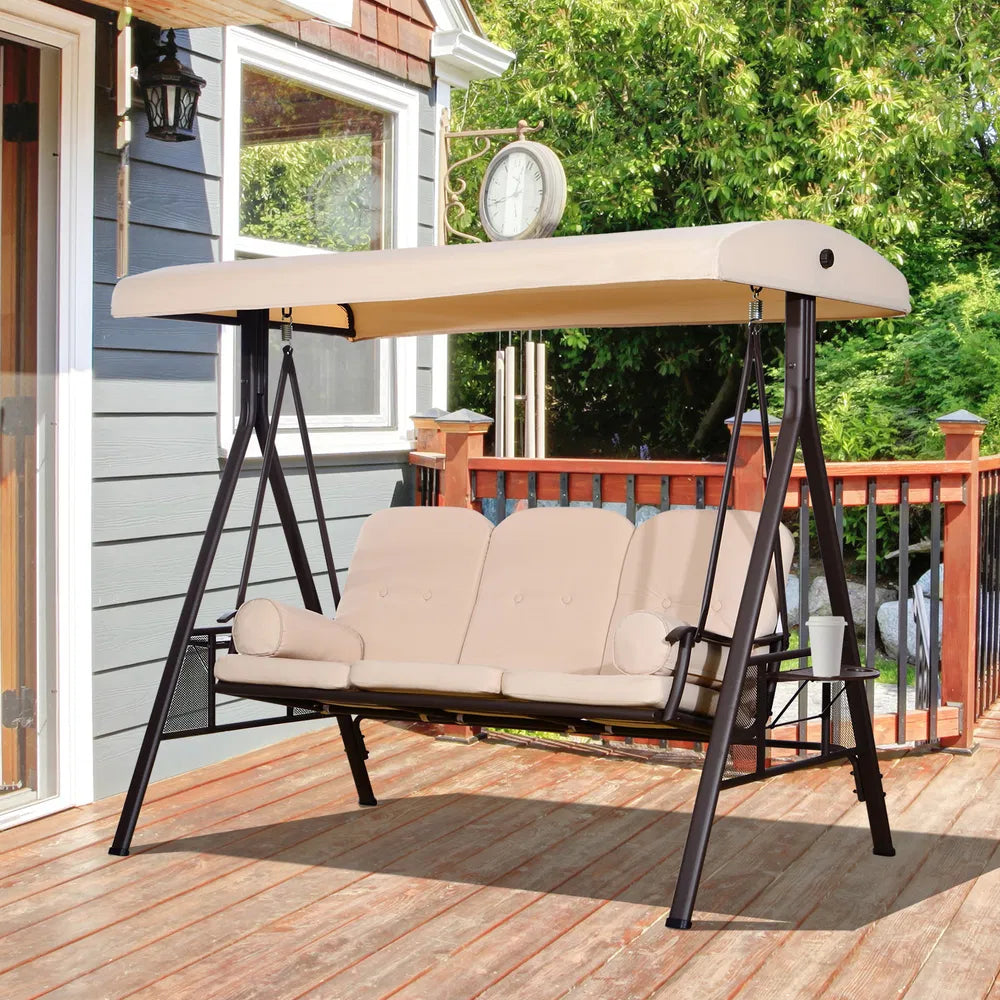 3-Seat Porch Swing with Canopy - Beige Cushions, Steel Frame