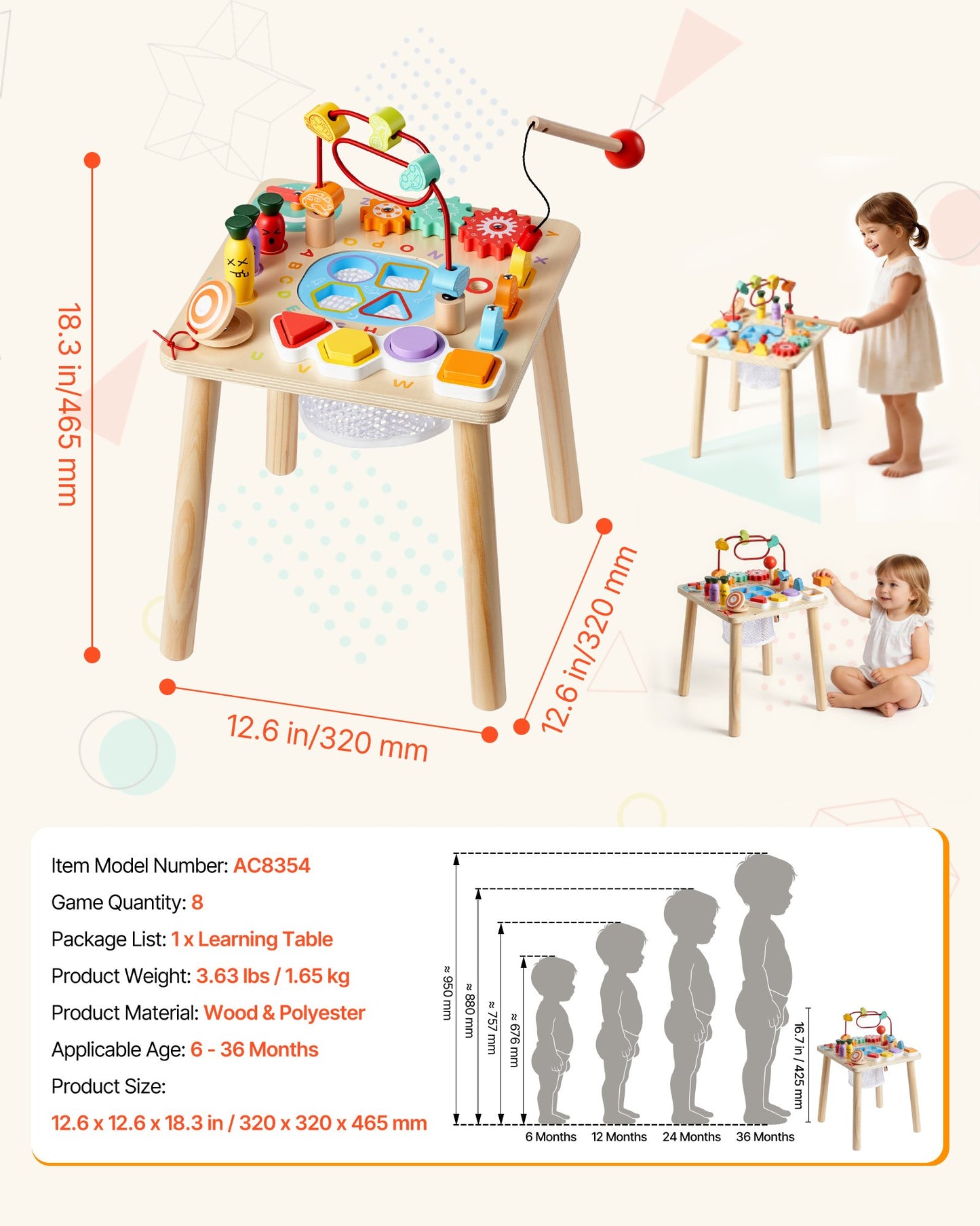 Wooden Montessori Activity Table for Toddlers - 8-in-1 Learning Desk, Baby Play Table for 6+ Months