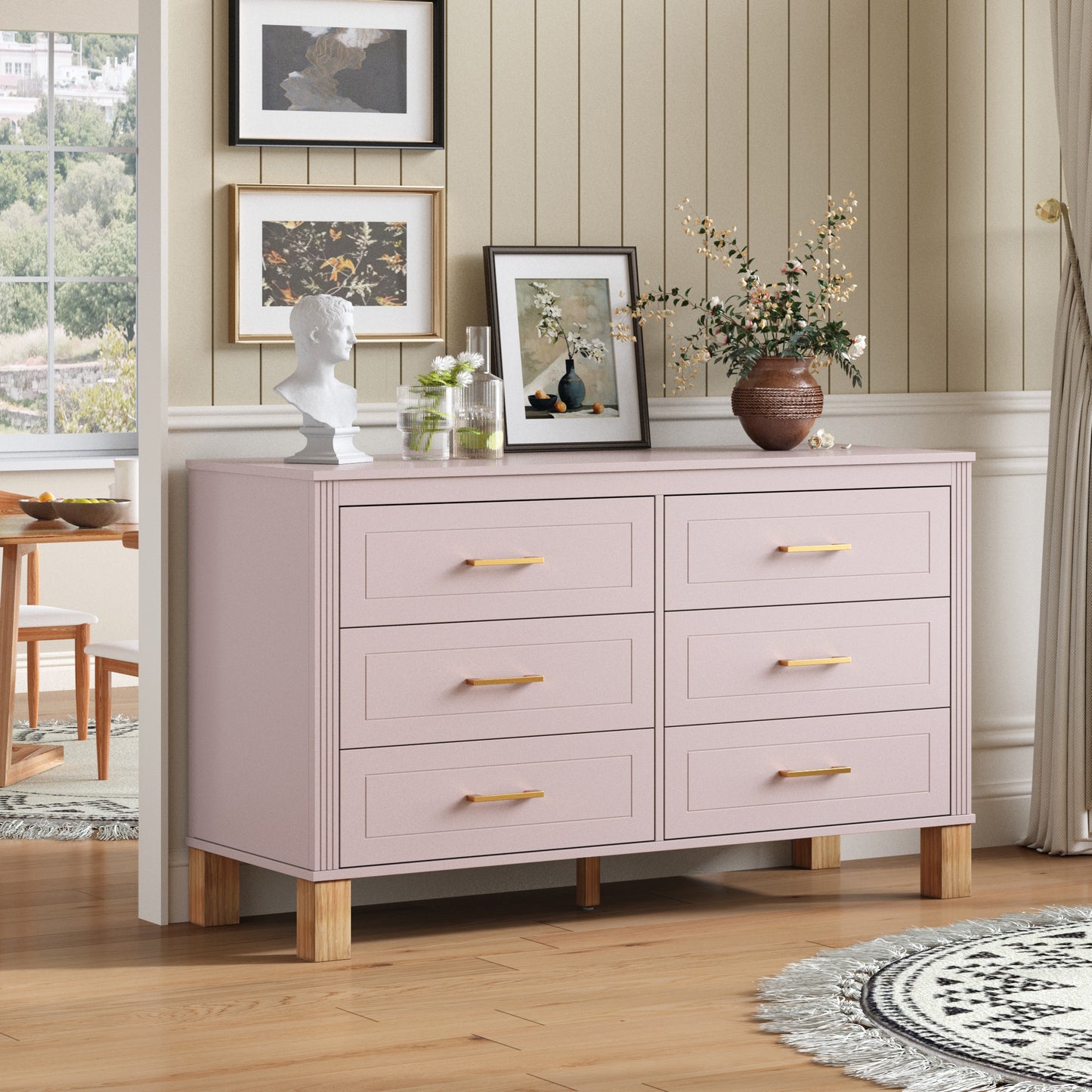 6-Drawer Double Dresser - Modern Storage Cabinet in Pink