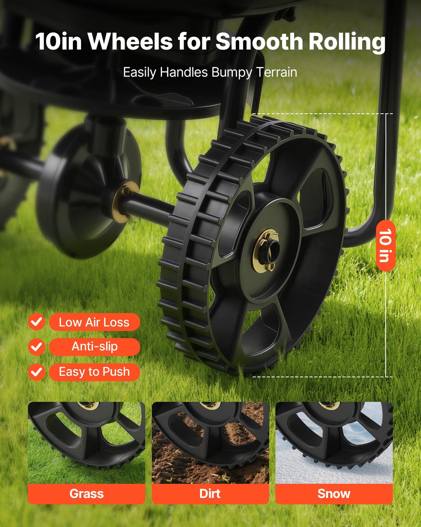 Garden Broadcast Spreader with 9.8 ft Width, 15 lbs Capacity, All-Terrain Tires