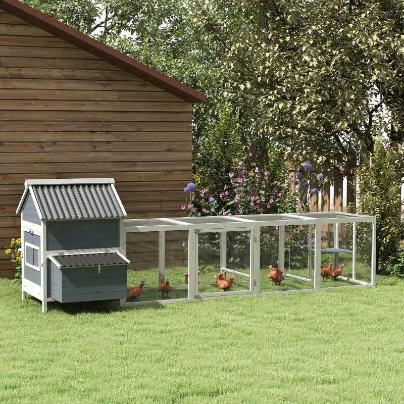 Large Wooden Chicken Coop with Run, Nesting Boxes & Waterproof Roof - Light Gray