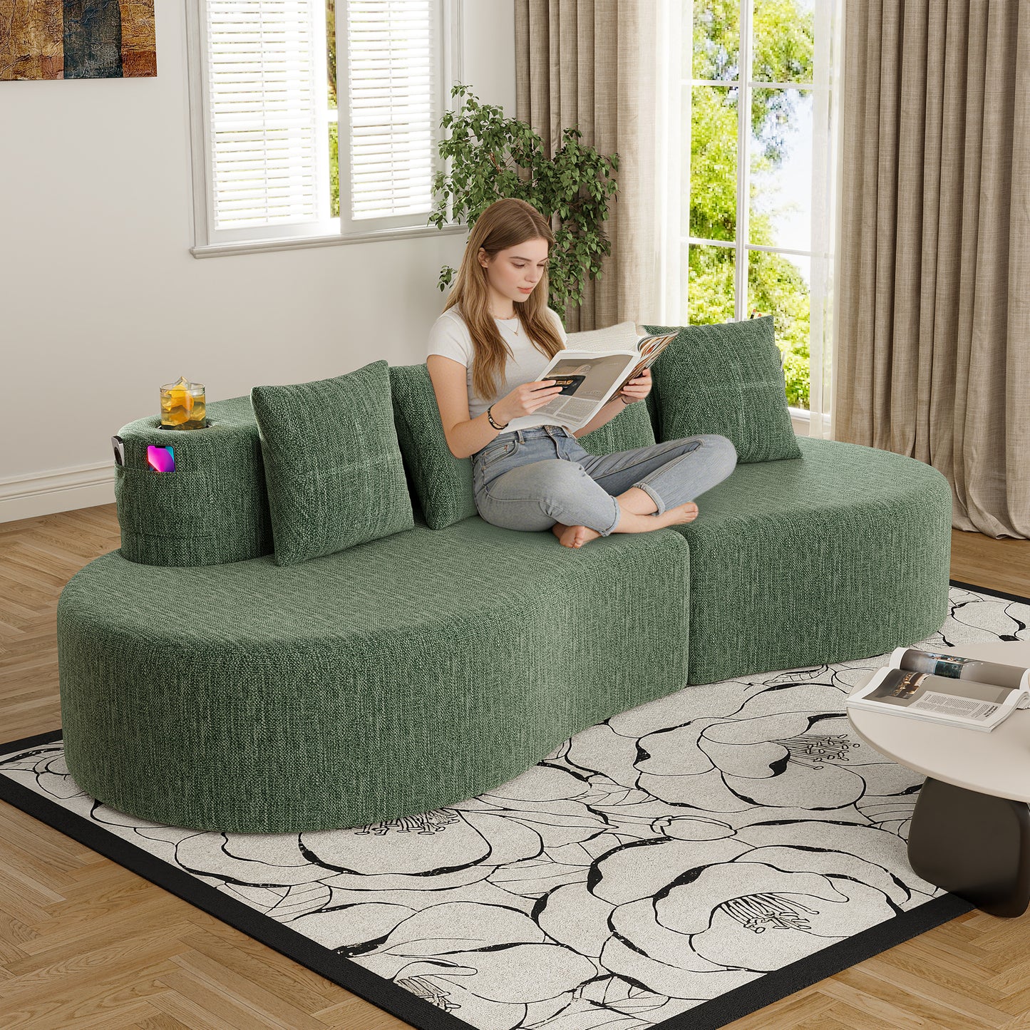 Modern Curved 3-Seat Sectional Sofa - Elegant Half Moon Design, Green
