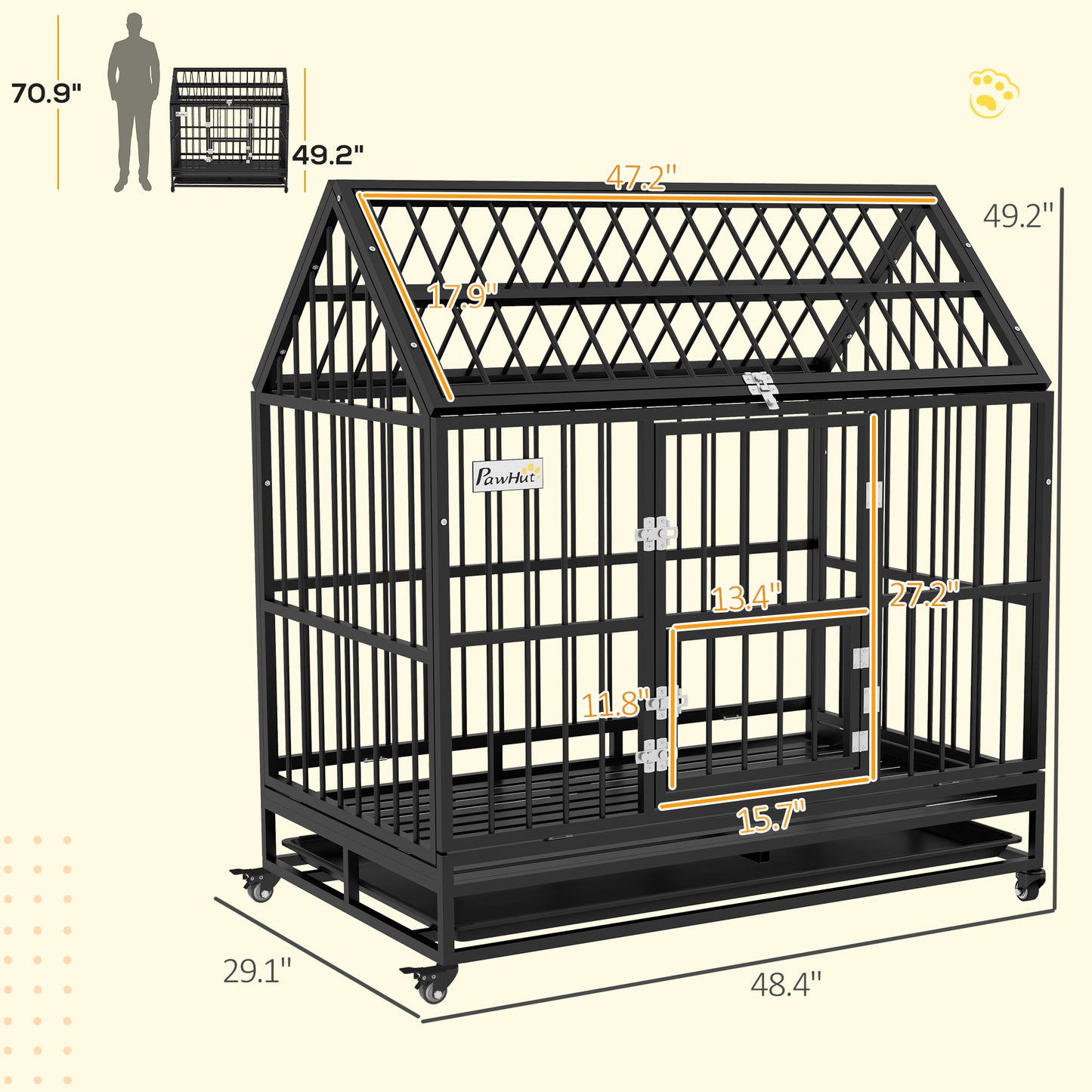 Heavy Duty Dog Crate with Lockable Wheels and Double Doors - XL, Black