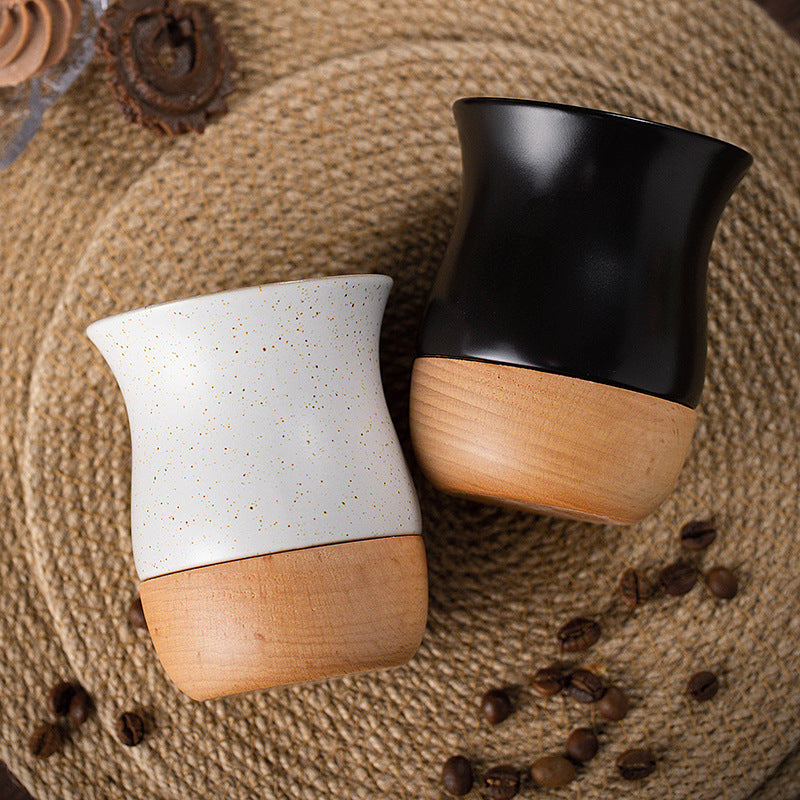 Retro Solid Wood Base Stoneware Coffee Mug 260ml - Multiple Colors