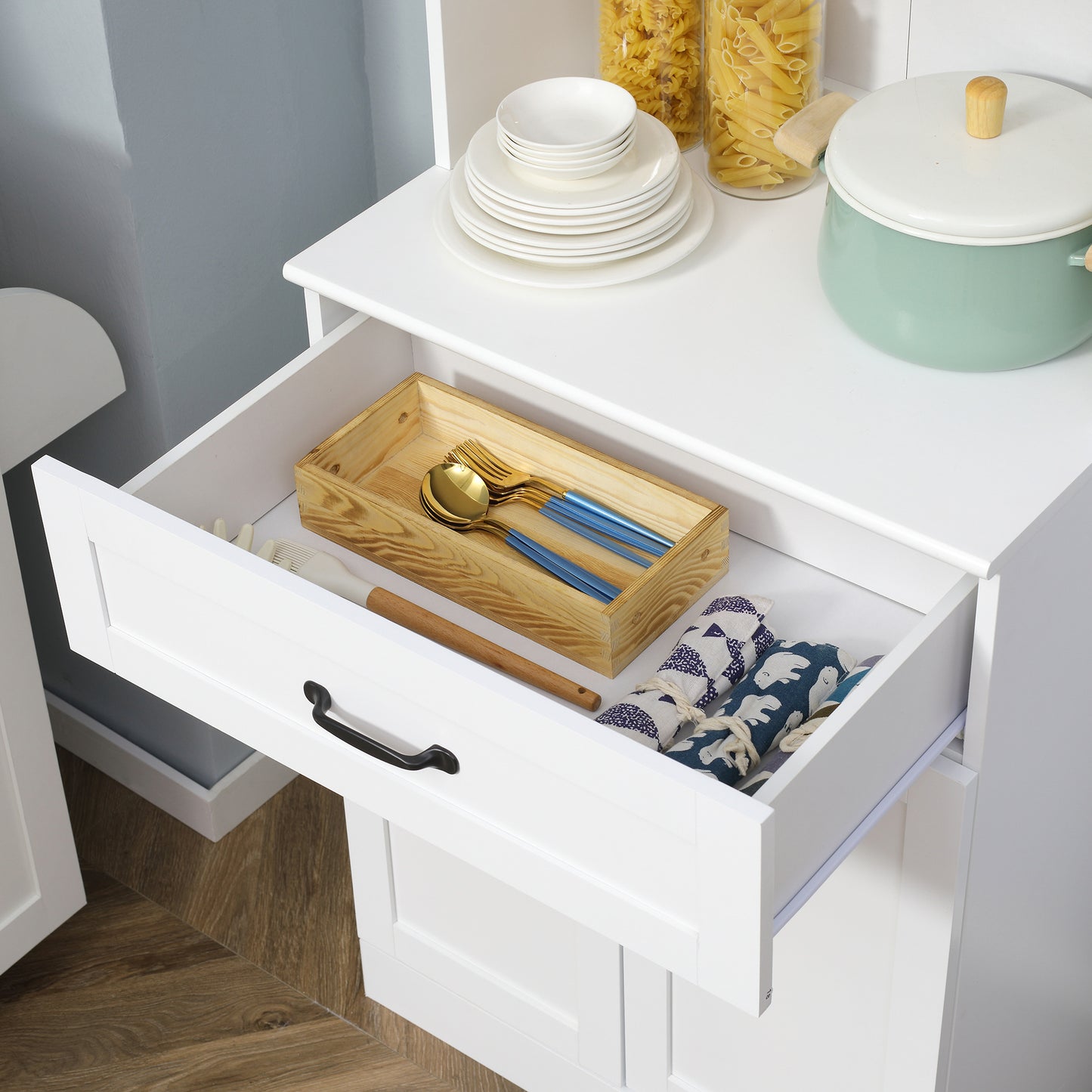 Freestanding Kitchen Pantry, 4-Door Buffet Cabinet with Hutch, Coffee