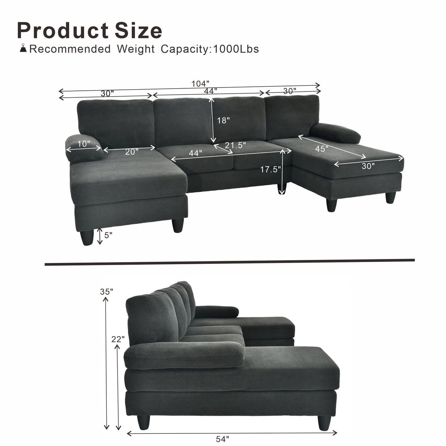 U-Shaped Sofa with Nubby Upholstery - Dark Grey