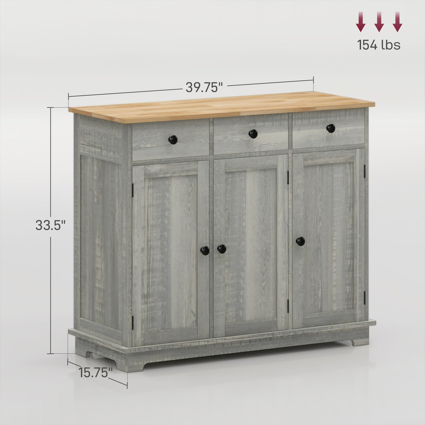 Kitchen Storage Cabinet with Adjustable Shelf & 3 Drawers - Light Gray