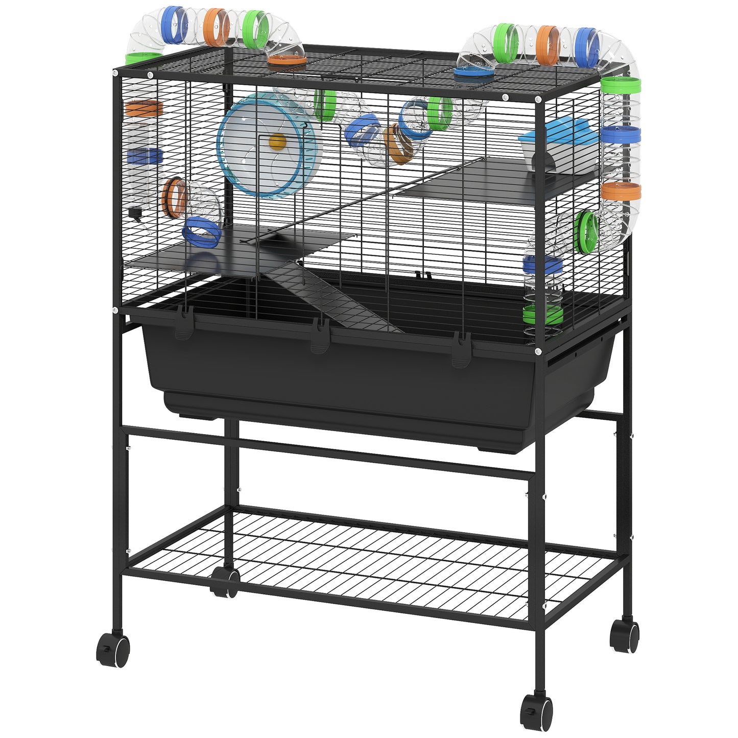 3-Tier Hamster Cage with Deep Tray, Exercise Wheel & Storage Shelf - Black