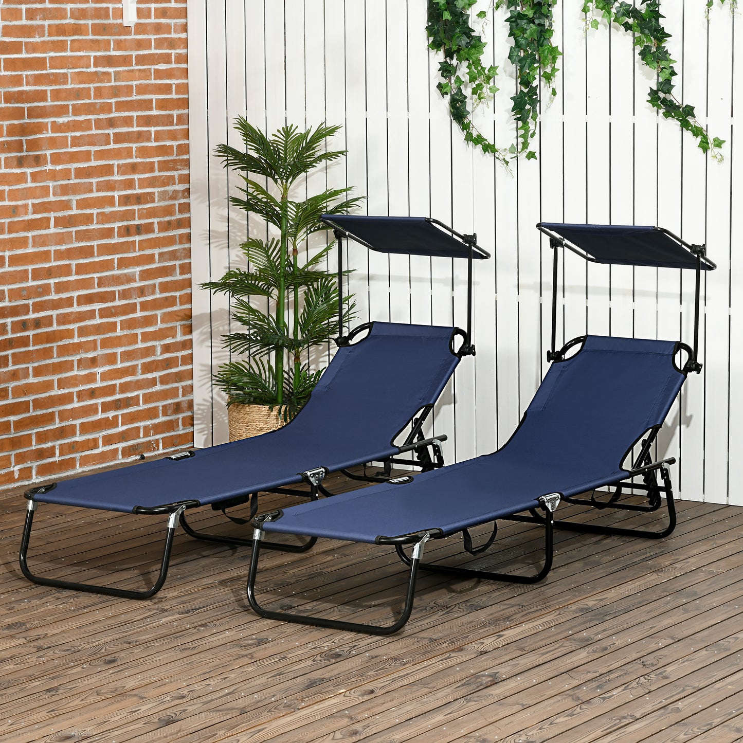 Set of 2 Outdoor Chaise Lounge Chairs - Reclining Back, Dark Blue