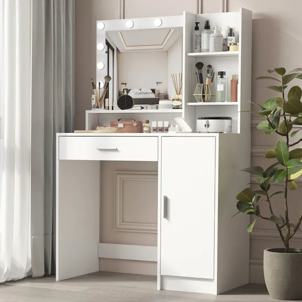 Vanity Desk with Mirror & Adjustable Lighting - White