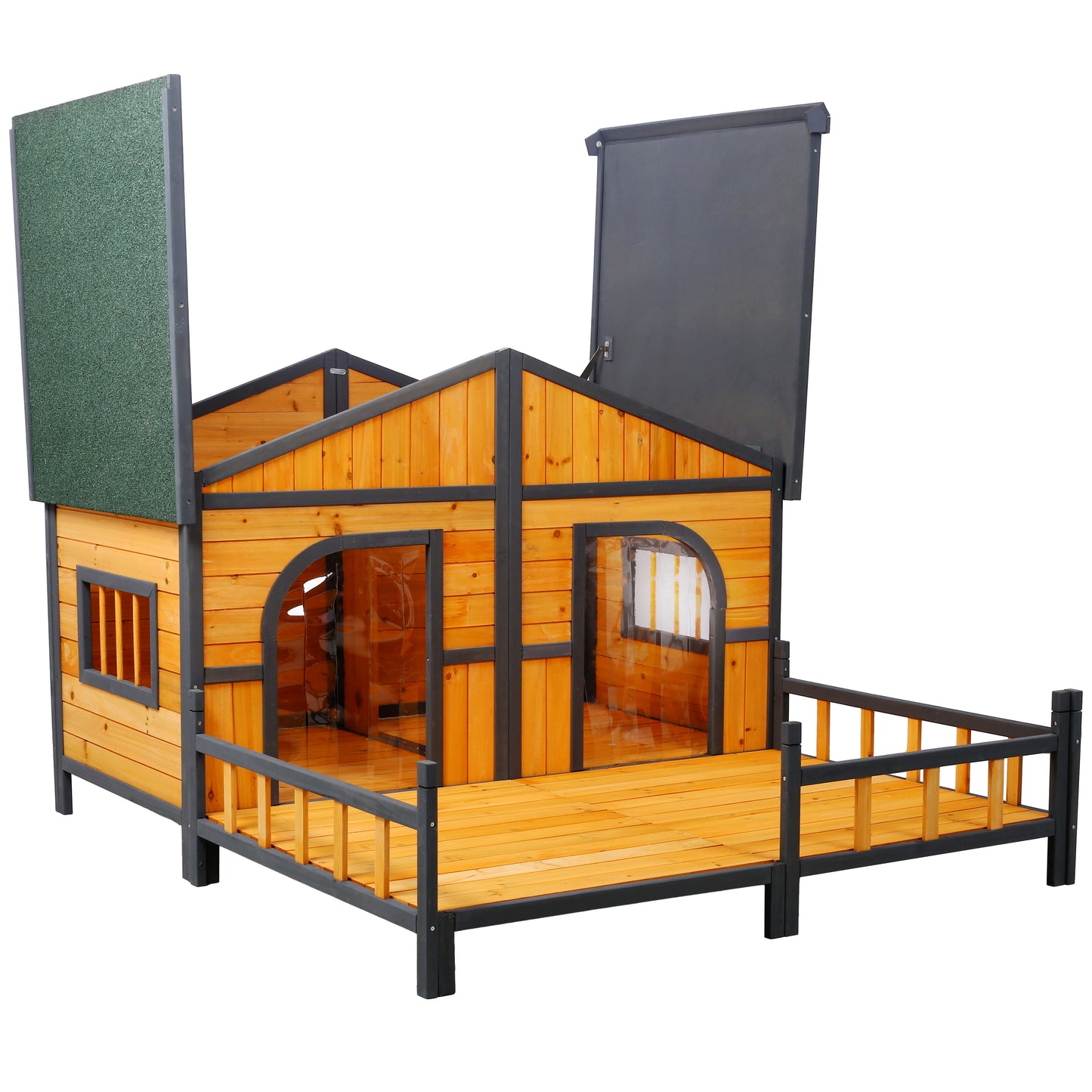 Large Wooden Dog House Outdoor Double Kennel with Porch & Elevated Floor