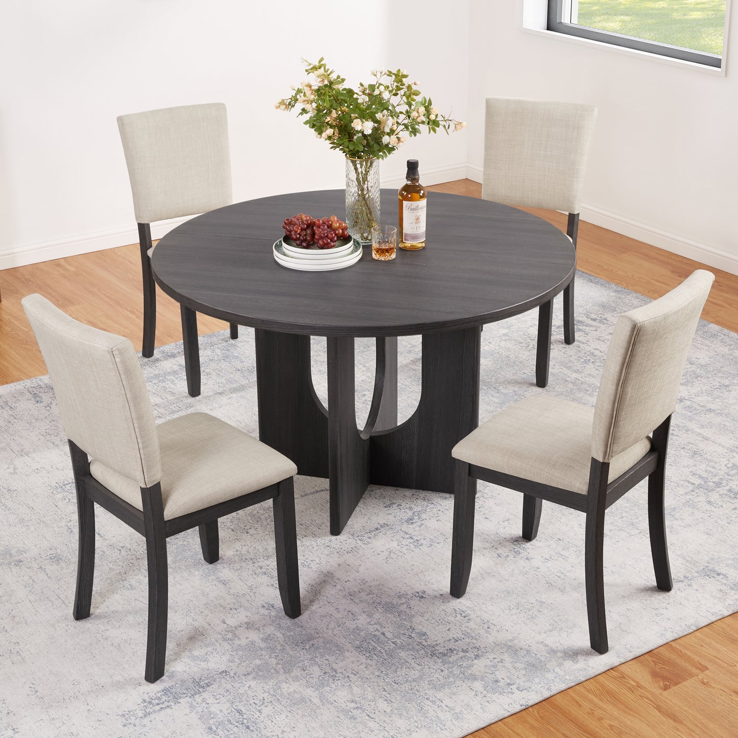 47.3" Round Dining Table Set with 4 Upholstered Chairs - Antique Black & Beige