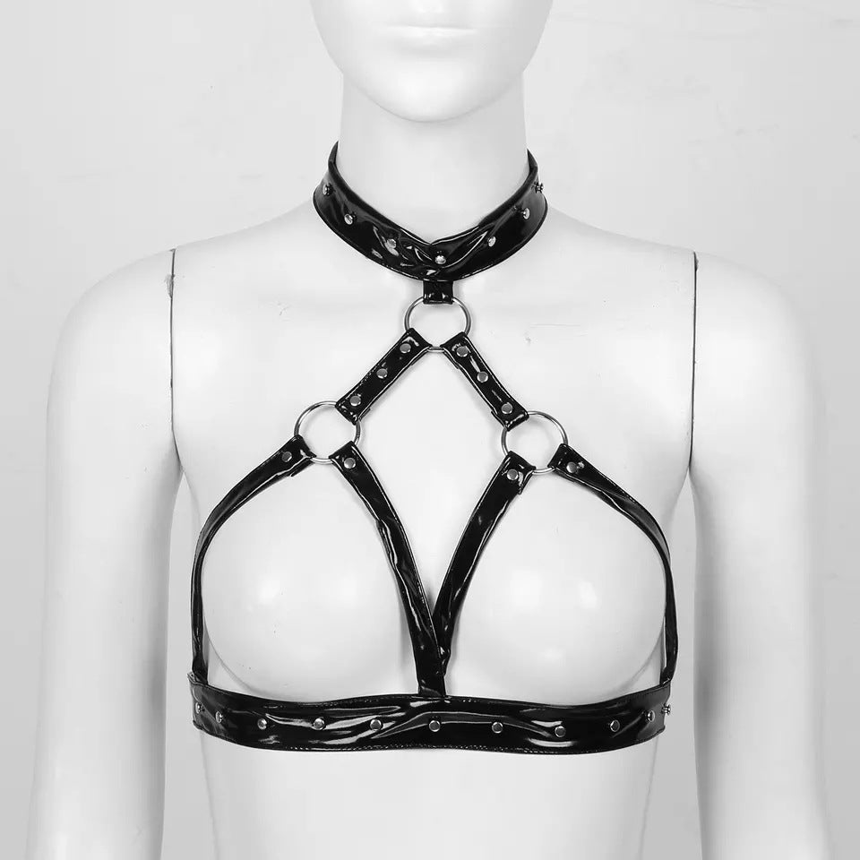 Bright PVC Patent Leather Halter Bra for Adult Wellness with Multiple Sizes
