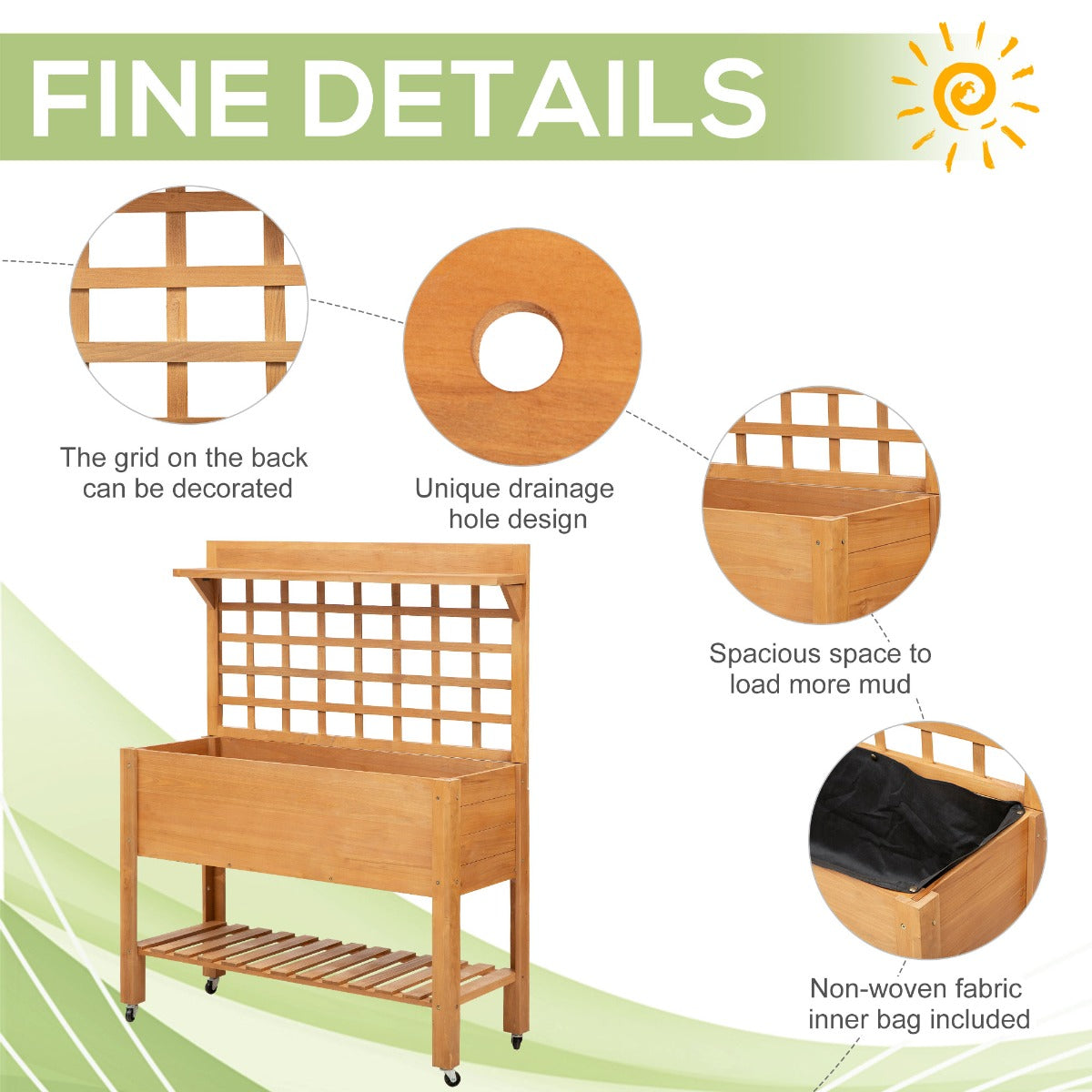 Elevated Wooden Garden Bed with Shelf and Wheels - Outdoor Herb Planter 41x18x53 Inches