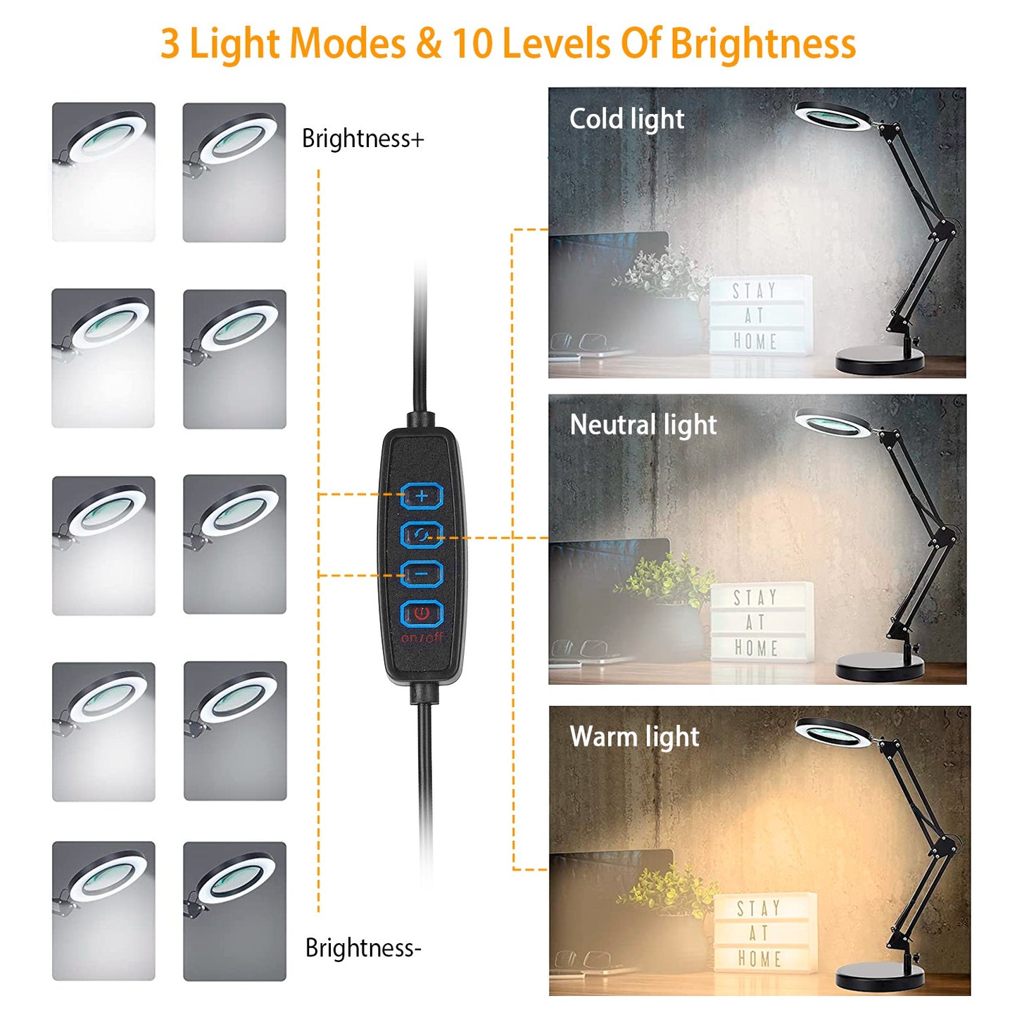 8X Magnifying Desk Lamp with Light, Clamp & Stand, 3 Light Modes, Black