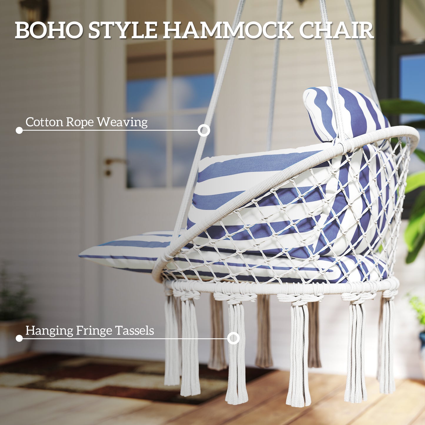 Macrame Hanging Hammock Chair with Large Cushion - Blue & White