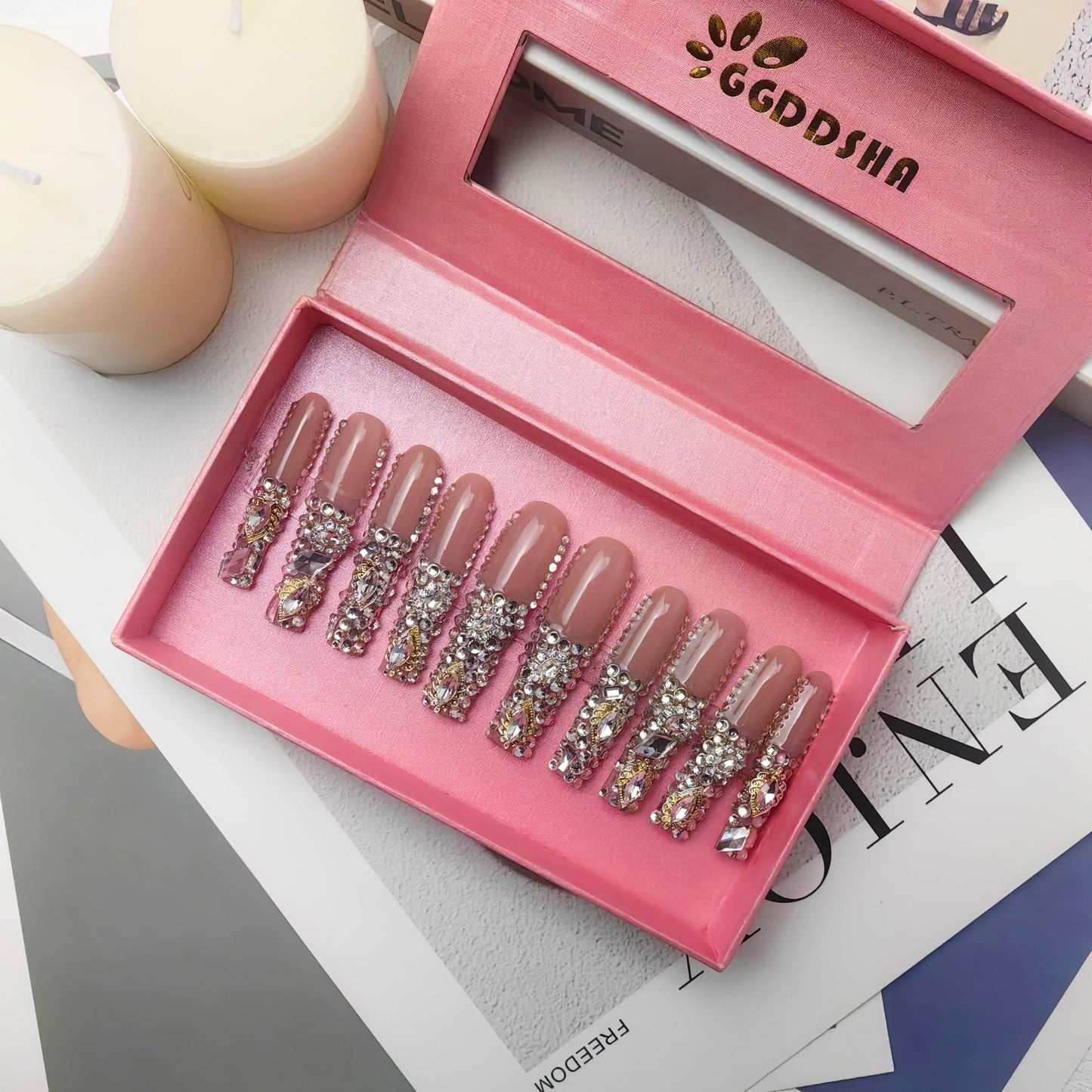 Gradient Rhinestone Press-On Nails - Acrylic Glitter Fake Nails (Size L)