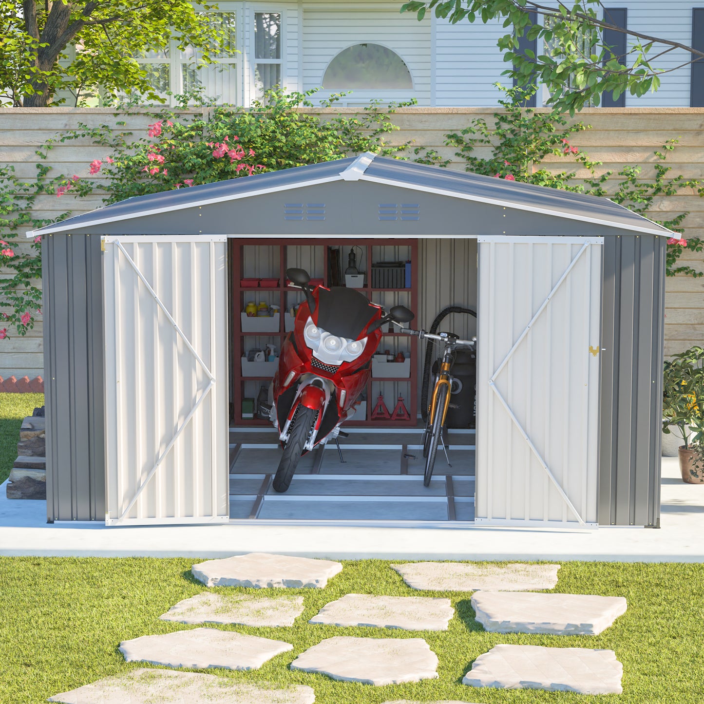12x14 ft Outdoor Metal Storage Shed - Waterproof Garden Tool Shed