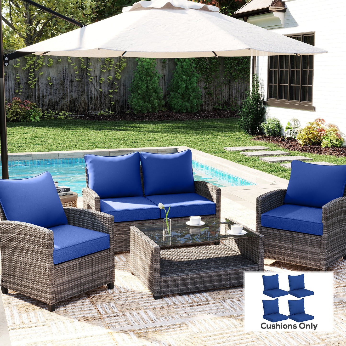 Outdoor Chair Cushion Set of 4 - Fade Resistant Navy Blue