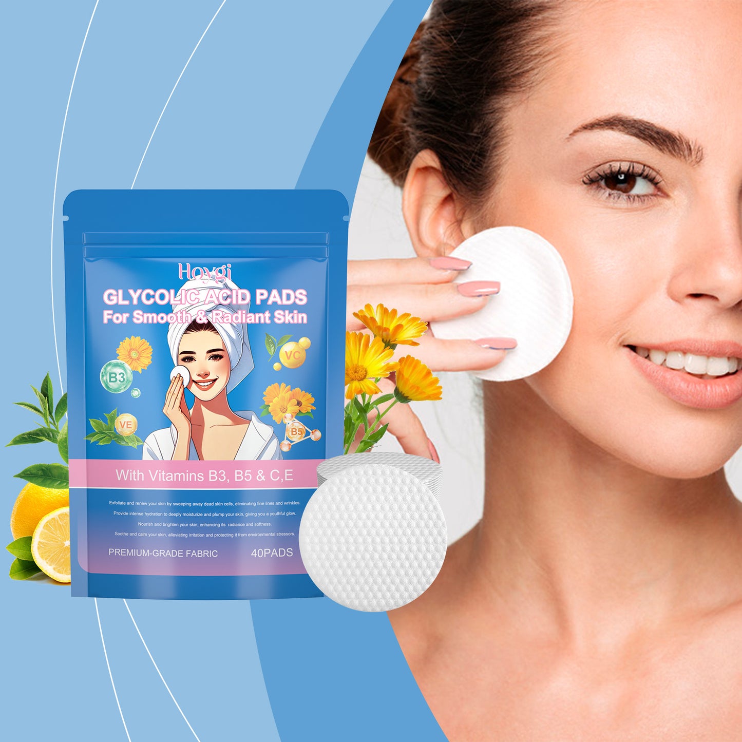 Glycolic Acid Facial Cleansing Cotton Pads - Deep Skin Rejuvenation, 40 Pads