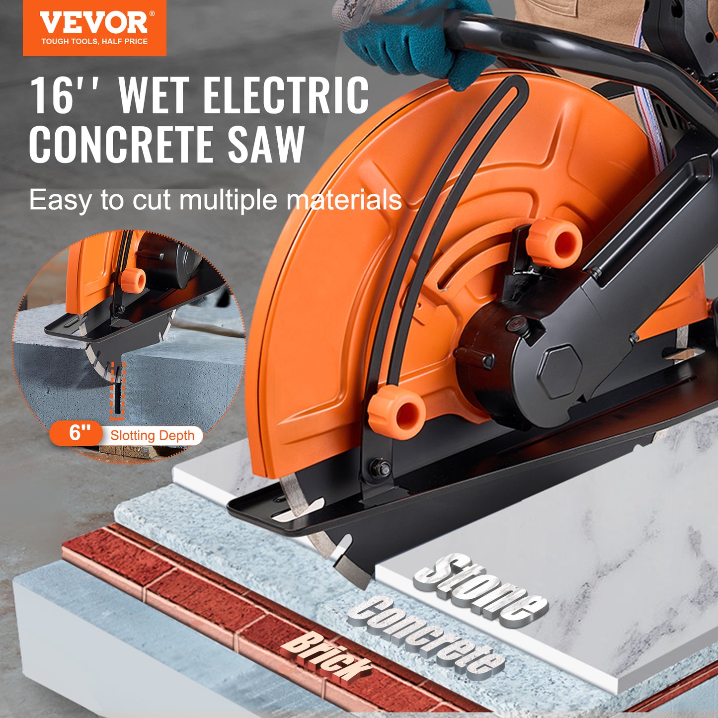 Electric Concrete Saw 16In 3200W Circular Cutter with Adjustable Depth Water Line